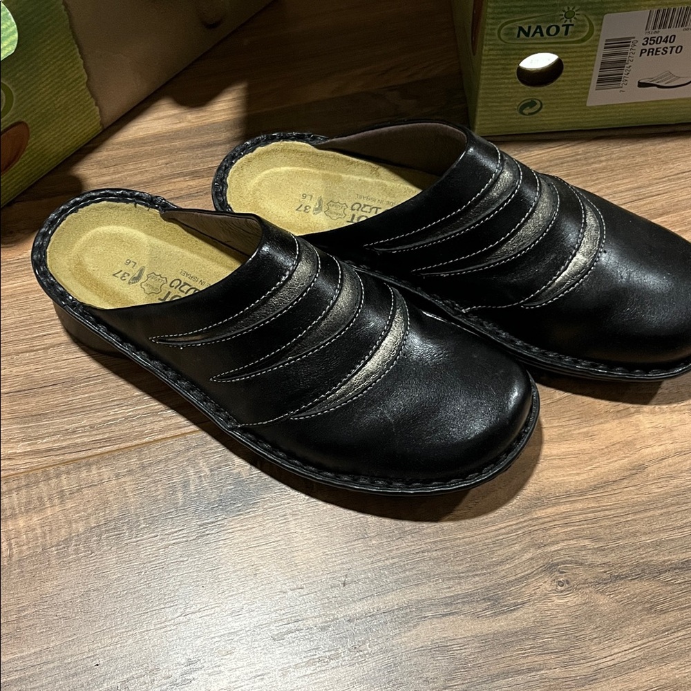 Naot Black Leather Slip-On Shoes